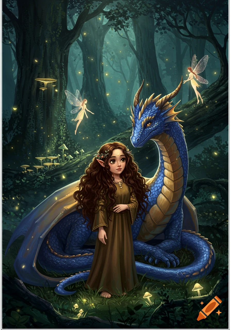 A young elf girl with a blue dragon in an enchanted forest with fairies and glowing mushrooms, digital art.