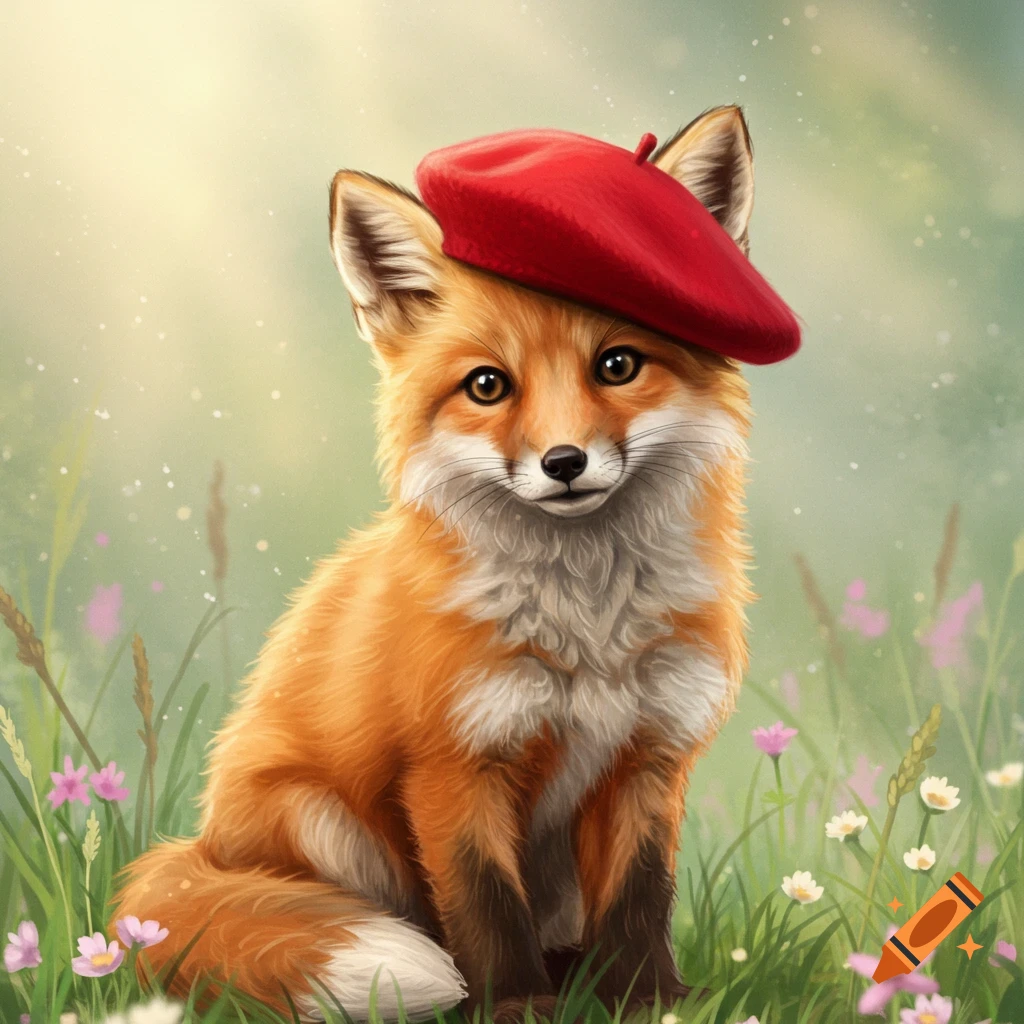 A cute orange fox wearing a red beret sits in a field of green grass and small flowers.