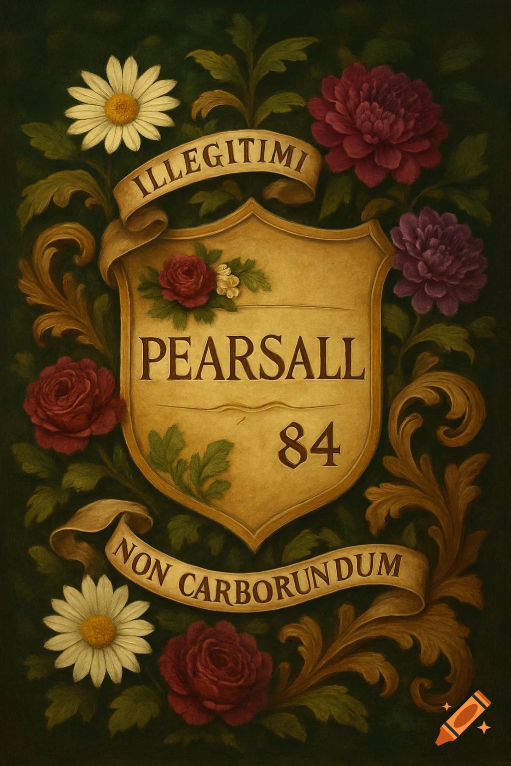 A detailed, painted coat of arms featuring a golden shield with 'Pearsall' and '84', surrounded by banners reading 'Illegitimi Non Carborundum'. Red roses, white daisies, and purple dahlias adorn the dark green background.