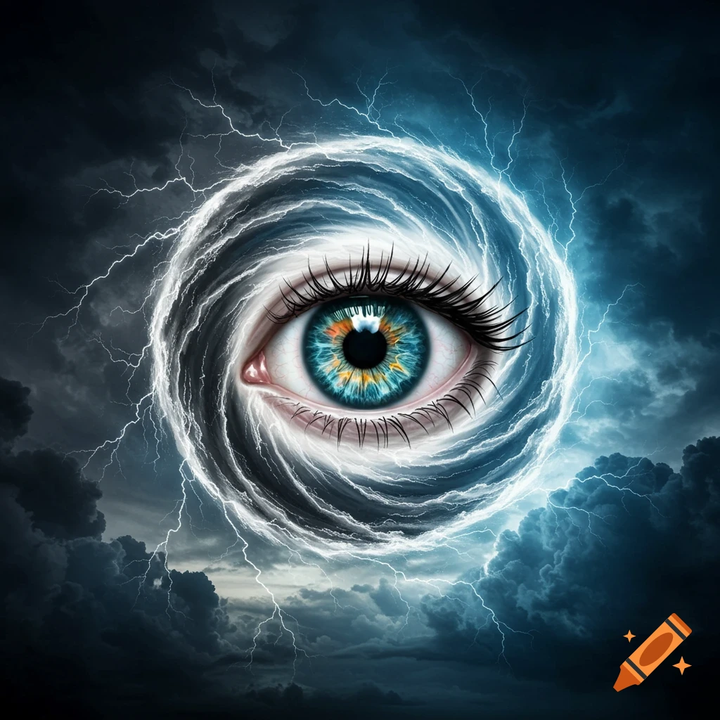 A striking blue human eye with a golden iris is centered within a swirling vortex of white energy and lightning, set against a backdrop of dark storm clouds.
