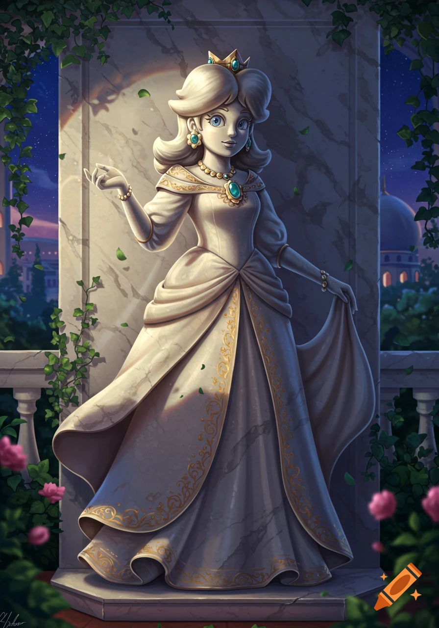 A marble statue of Princess Daisy in a regal dress stands on a moonlit balcony draped in ivy, with roses nearby.