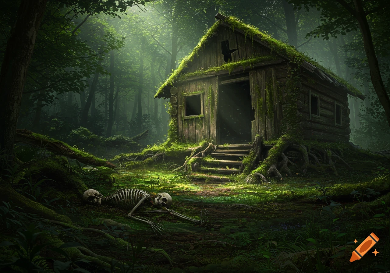 An abandoned, moss-covered wooden cabin stands in a dark, misty forest, with two human skeletons lying on the forest floor.
