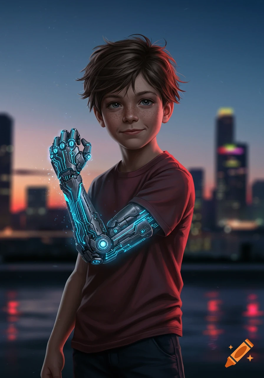 A young boy with a detailed, glowing blue bionic arm stands in front of a blurred cityscape at dusk, looking directly at the viewer.