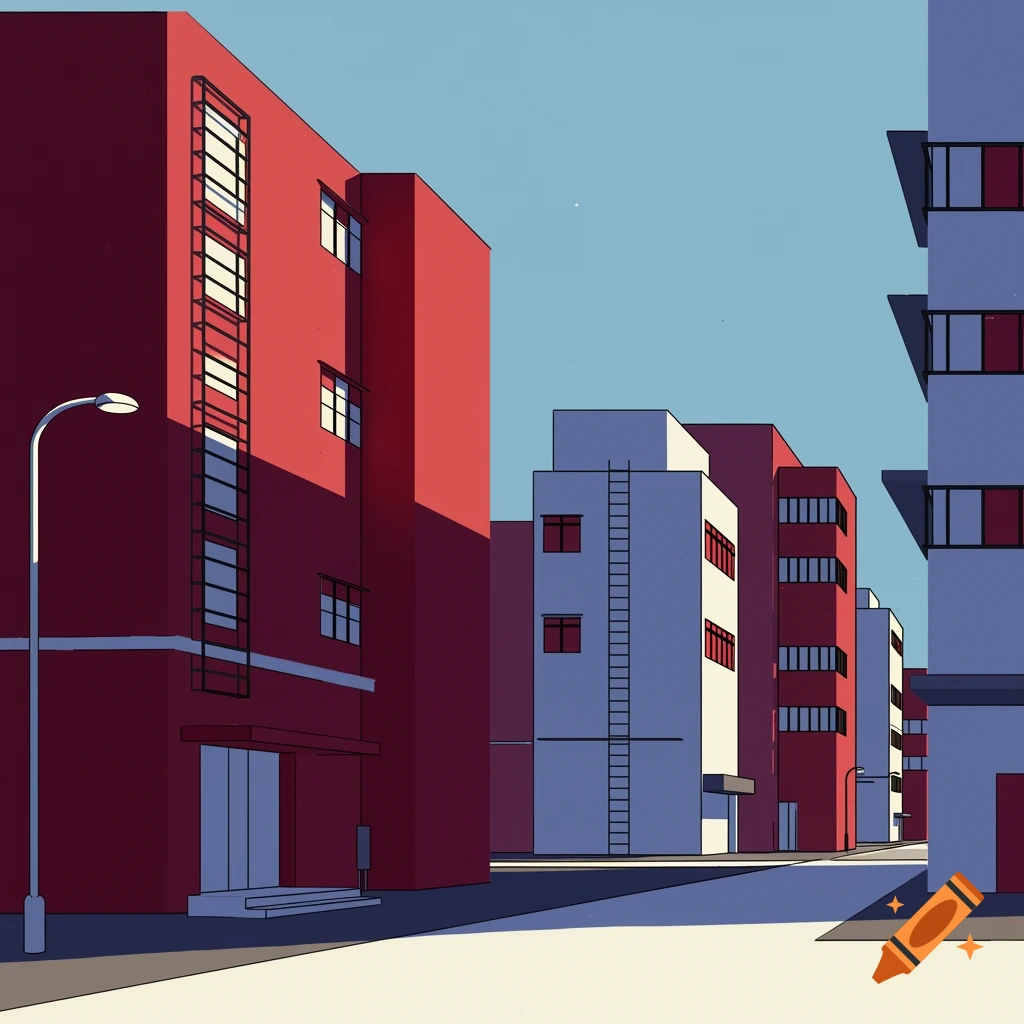 A minimalist illustration of modern buildings in claret, blue, and white, with a street lamp on the left.