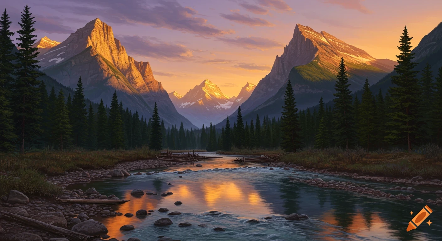 Photorealistic painting of a river flowing through a forest valley with towering mountains under a vibrant sunset sky.