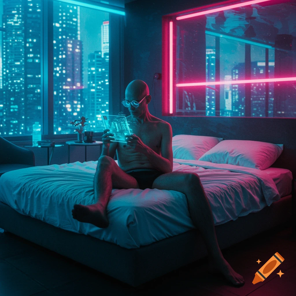 A bald man in glasses and underwear sits on a bed in a futuristic cyberpunk room, looking at a glowing transparent device, with a neon city outside.