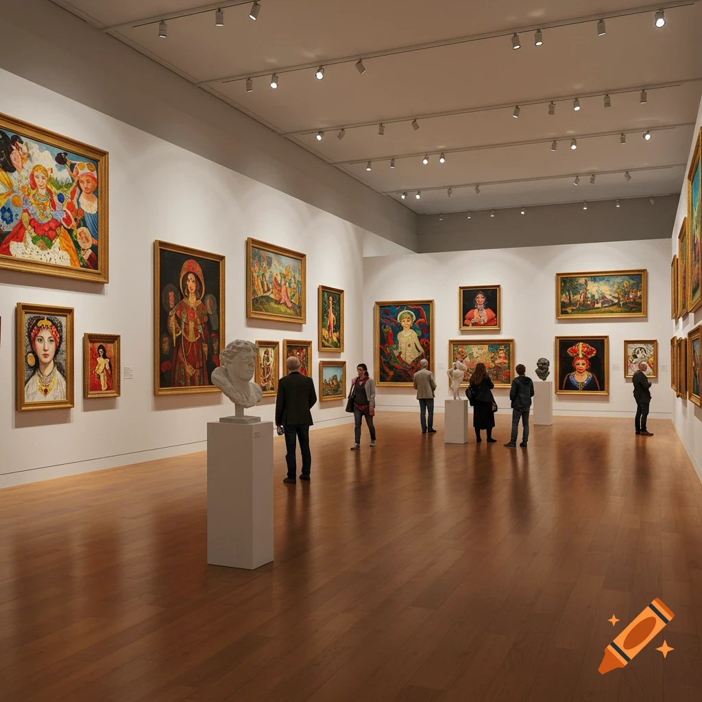 People browse an art gallery filled with various paintings and sculptures on display.