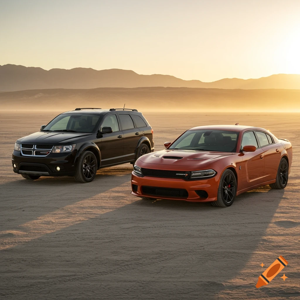 A black Dodge Journey SUV and an orange Dodge Charger sedan parked on a sandy desert floor with mountains in the background at sunset.
