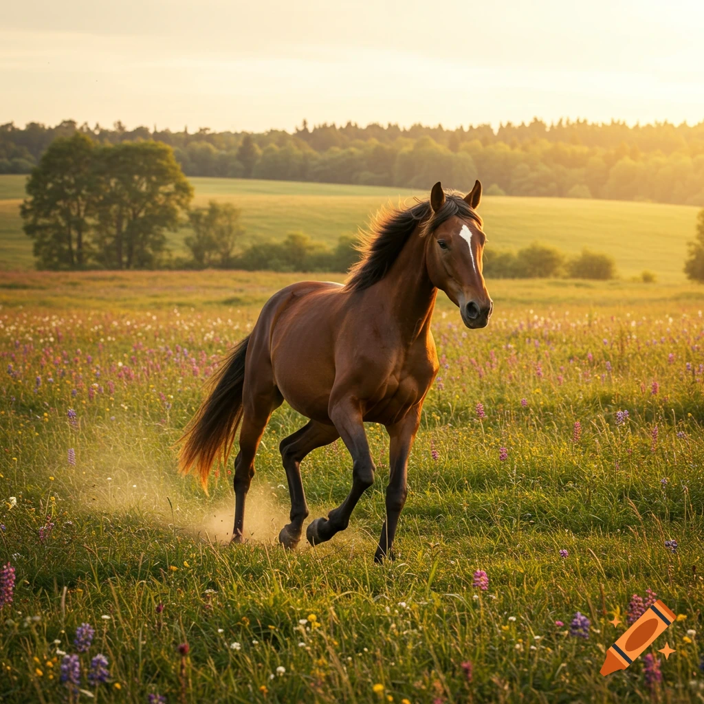 Brown horse galloping through a sunlit field of wildflowers.