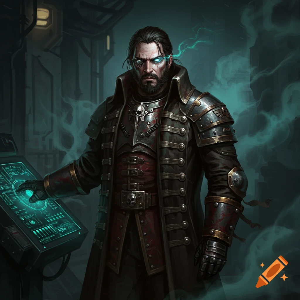 A dark fantasy/sci-fi character with a cybernetic eye and beard, wearing a long armored coat, touching a glowing control panel.