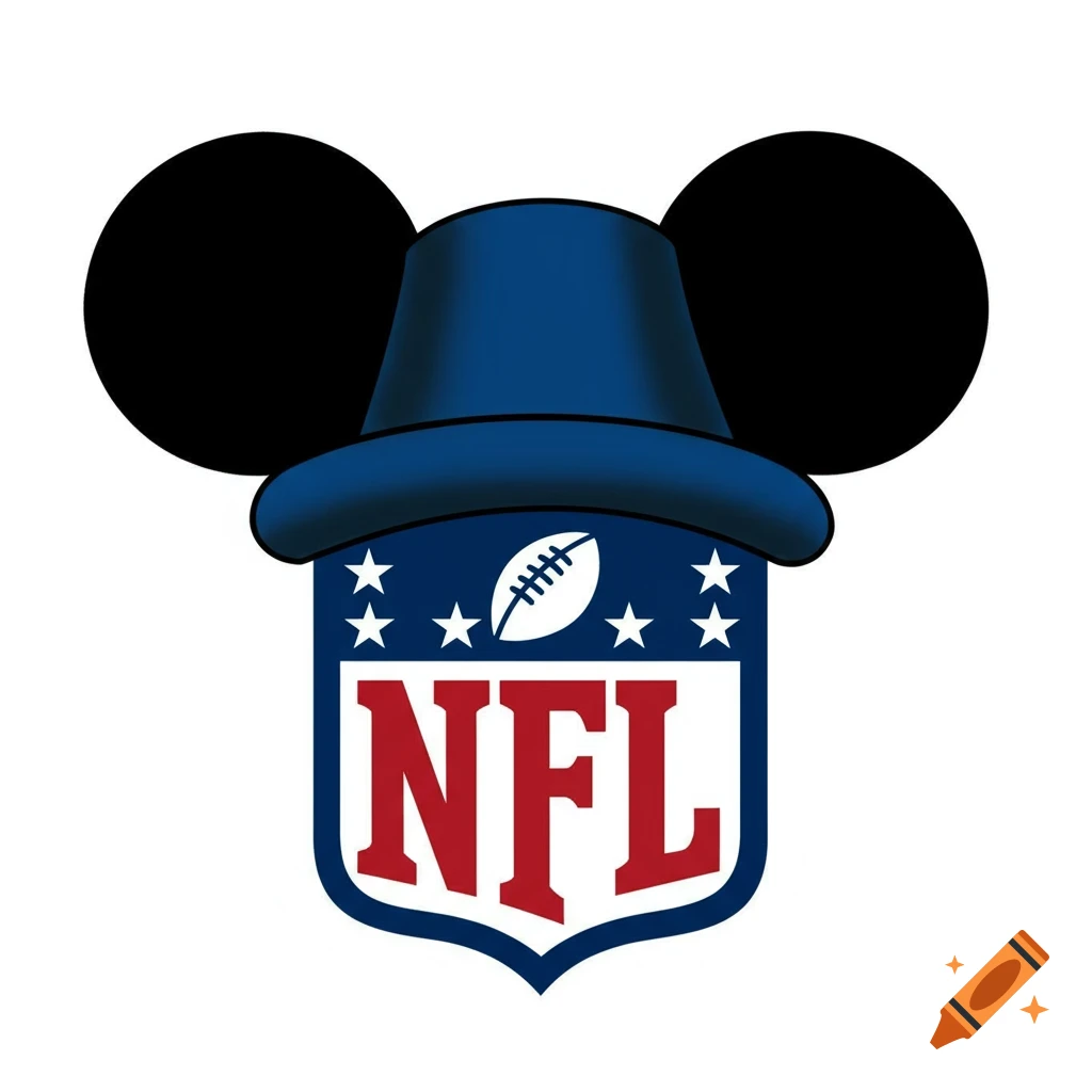 A graphic mashup of the NFL shield logo combined with a blue hat and black Mickey Mouse ears on a white background.