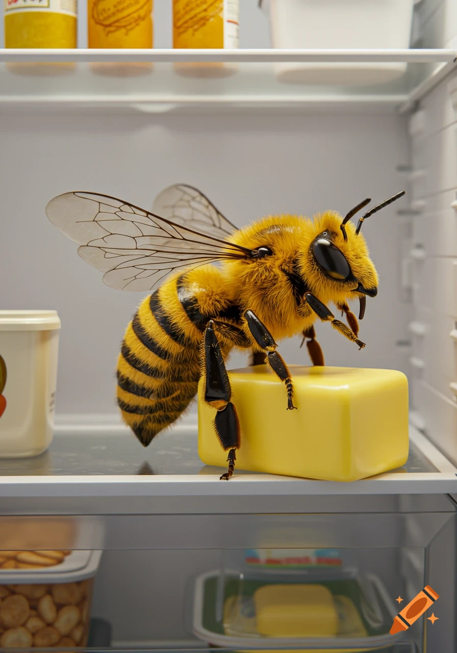 Photorealistic image of a honeybee with a stick of butter as its body, standing on a shelf inside a refrigerator.