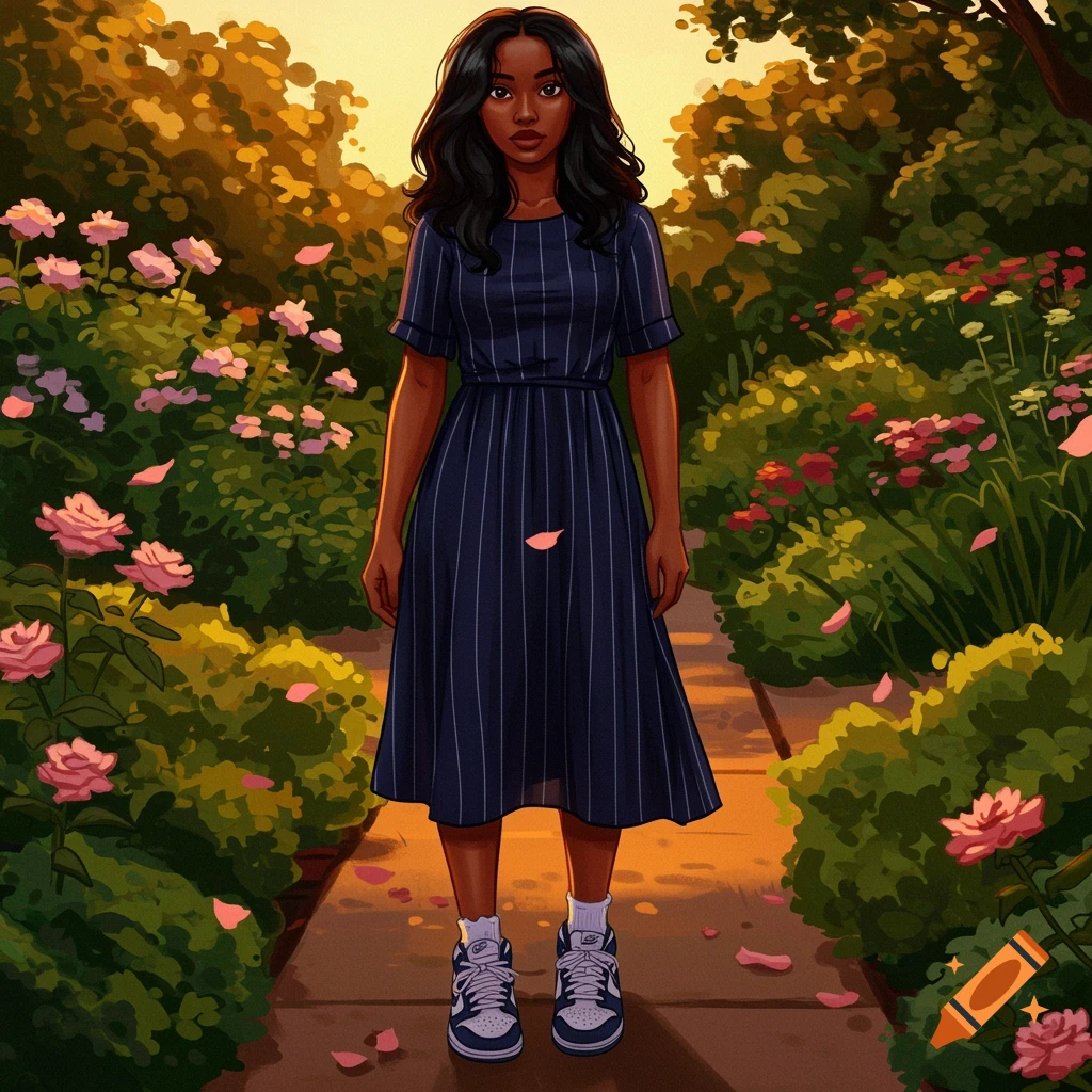 A young Black woman in a navy striped midi dress and sneakers stands on a garden path with pink flowers, in a stylized illustration.