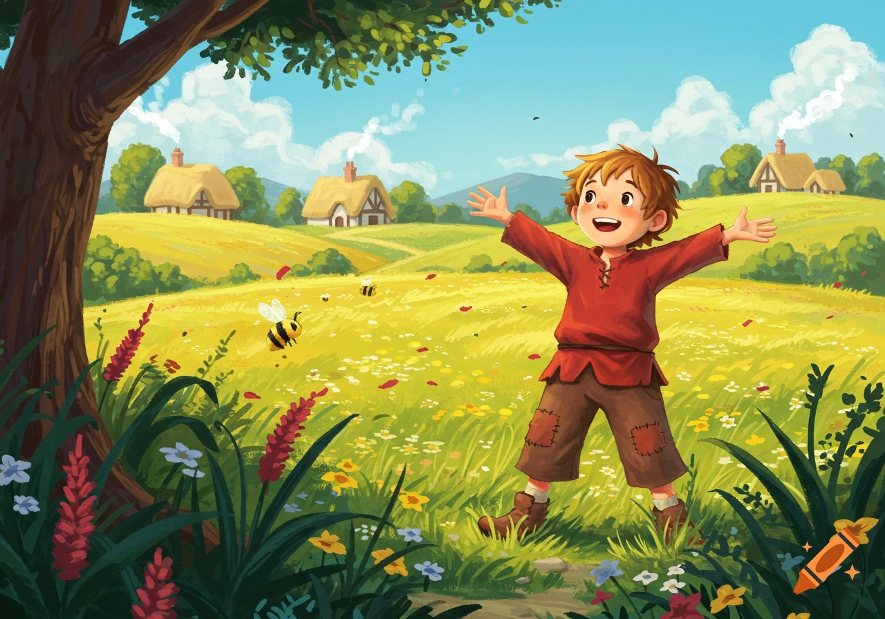 A happy boy in a red shirt stands in a sunny, flower-filled field with bees and thatched-roof houses in the background, in a children's book illustration style.