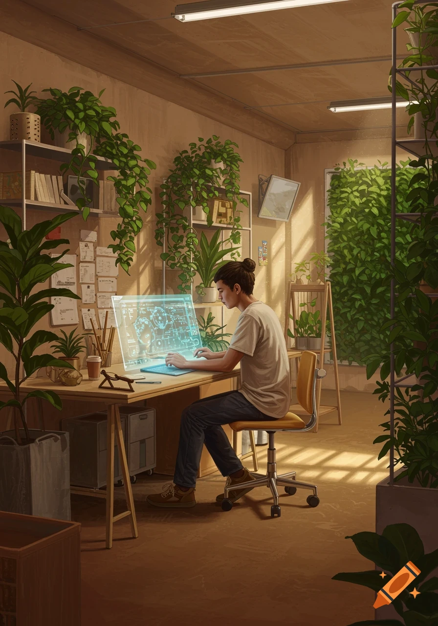 A person with a top knot sits at a desk in a plant-filled room, typing on a glowing holographic keyboard with schematics.