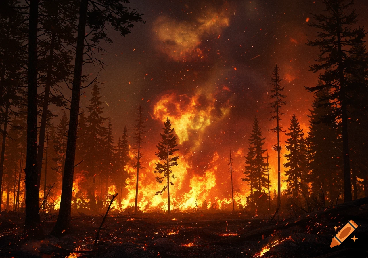 A photorealistic image of a forest ablaze with large orange flames, thick smoke, and embers in the dark sky.