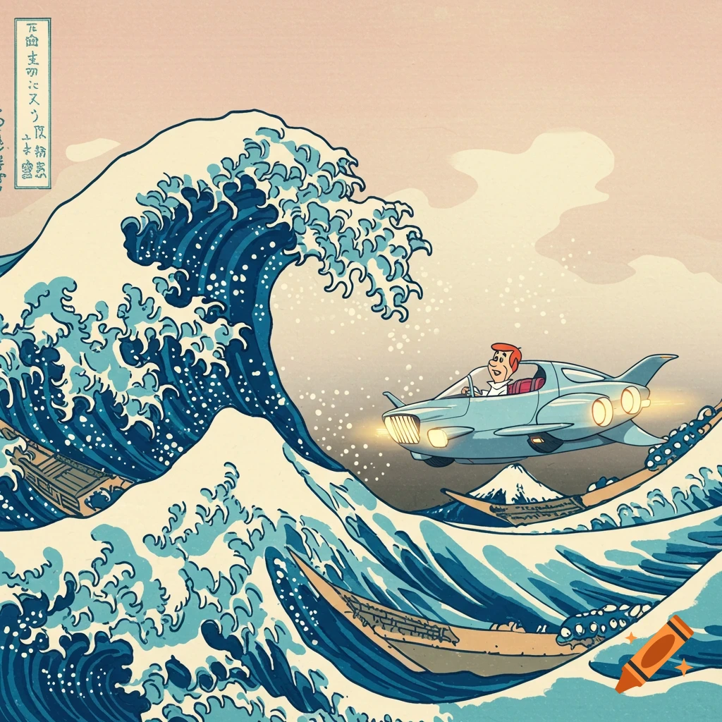 George Jetson flies his futuristic car over a massive ocean wave in the style of Hokusai's "The Great Wave off Kanagawa," with Mount Fuji in the background and traditional boats struggling in the water.