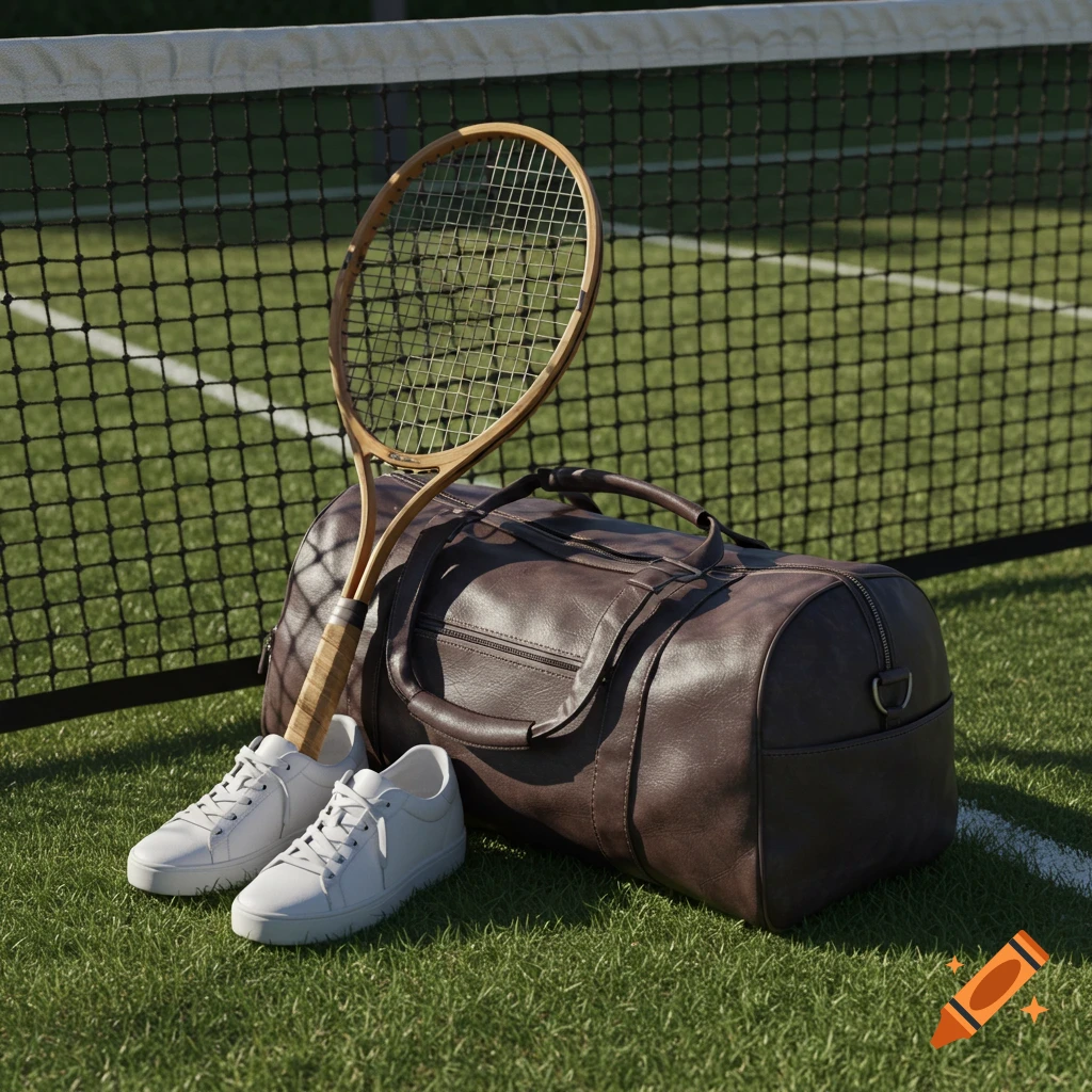 Photorealistic image of a wooden tennis racket, white shoes, and a brown duffel bag on a green tennis court with a net.