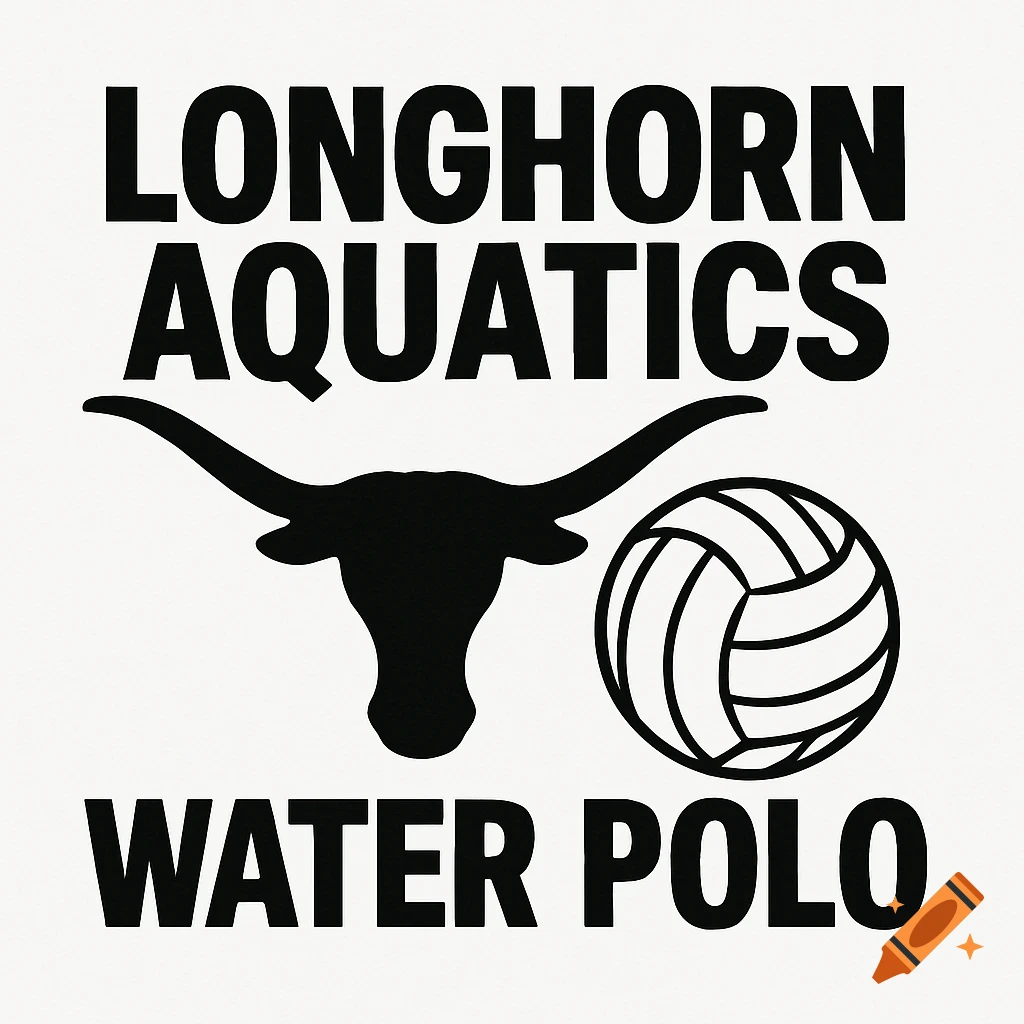 Black and white graphic with 'LONGHORN AQUATICS' and 'WATER POLO' text, a longhorn silhouette, and a water polo ball.