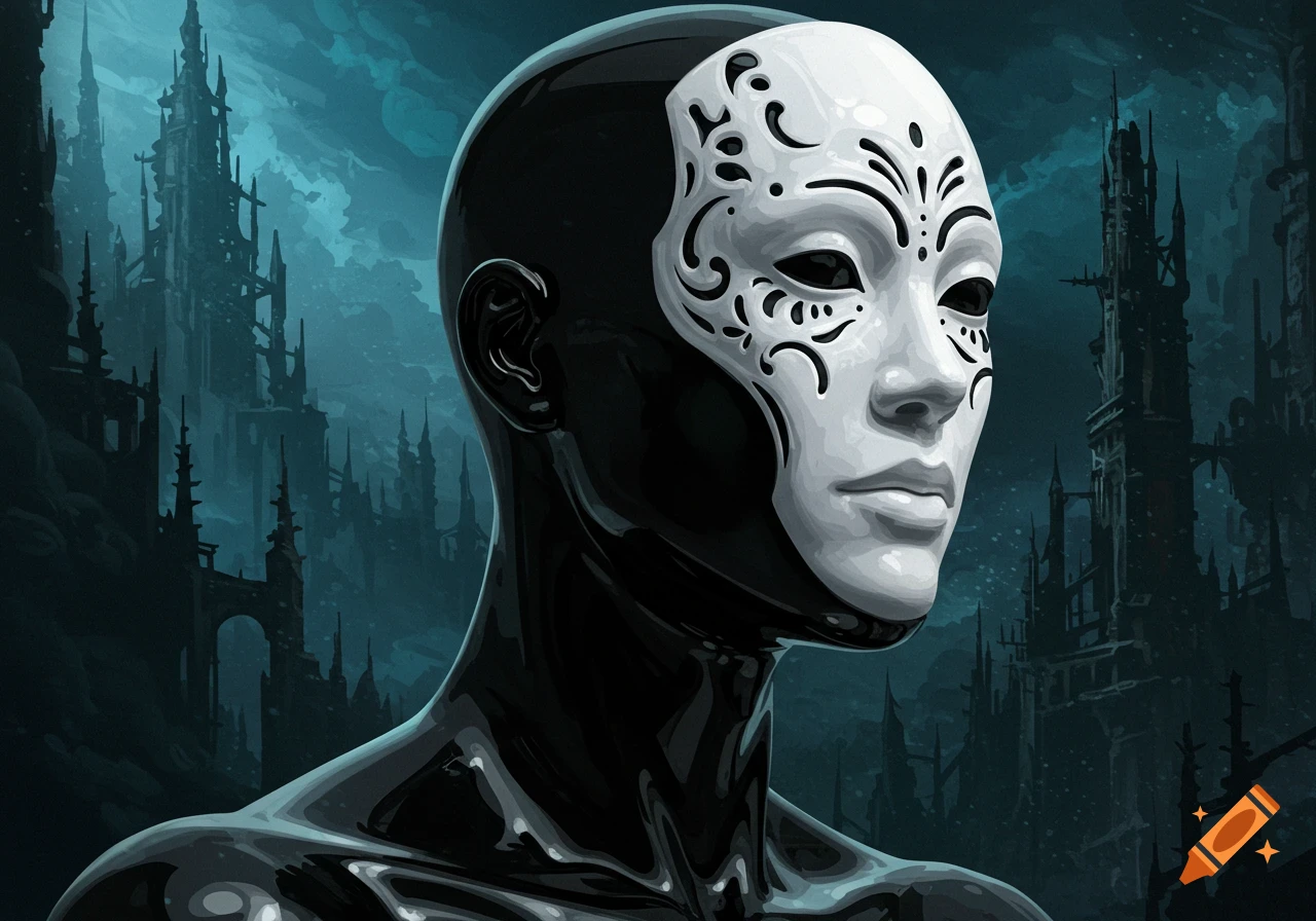 A black, glossy humanoid figure with a decorative white mask stands before a dark, gothic cityscape under a teal sky.