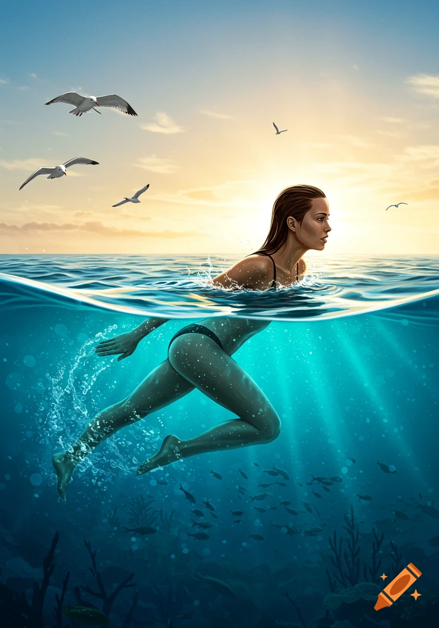 A woman in a bikini swims in a split view, half above the ocean surface with seagulls and a sunset sky, and half underwater with fish and light rays.