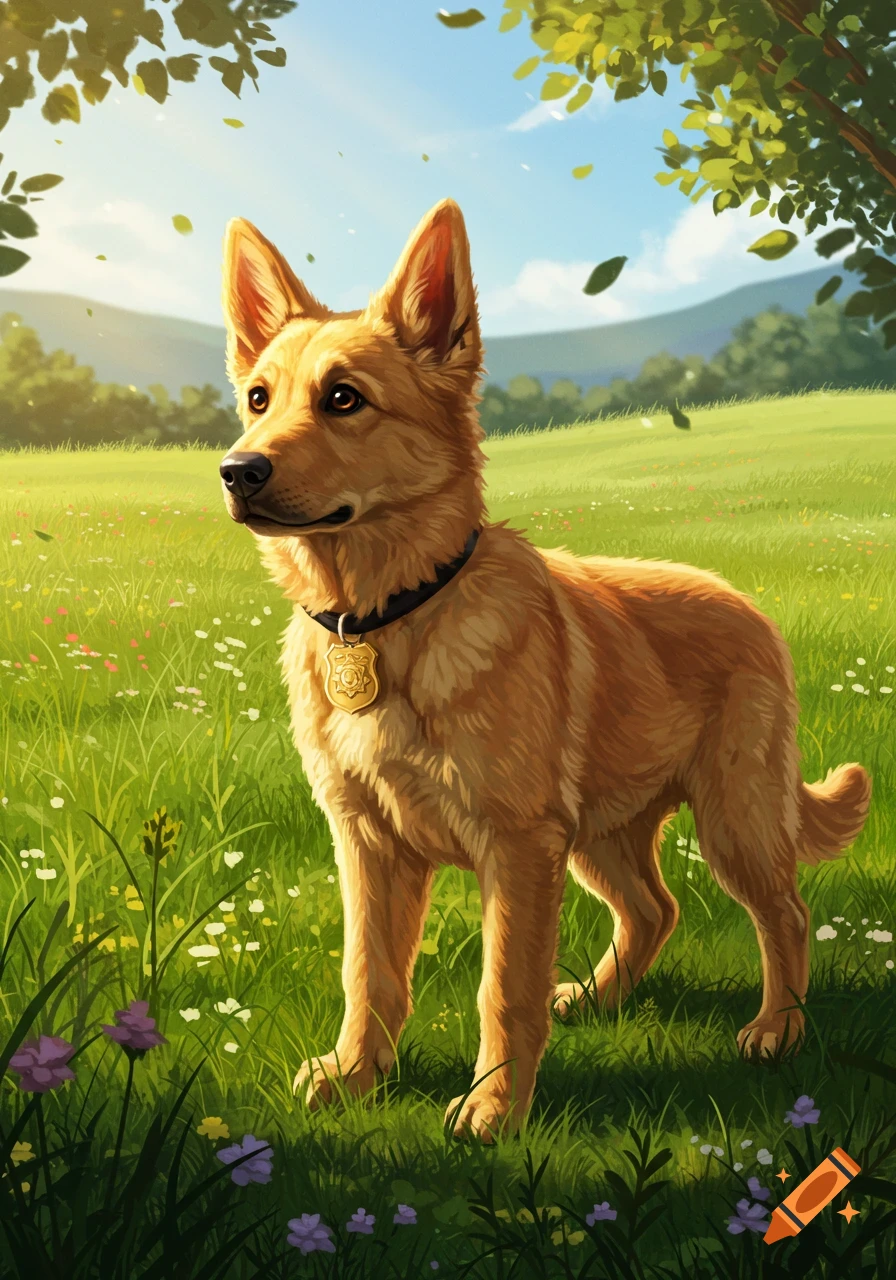 A golden shepherd puppy police dog stands in a sunny green field with wildflowers under a blue sky.