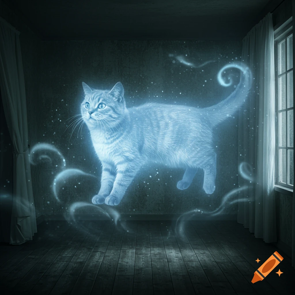 A glowing, translucent blue-white cat, resembling a ghost, floats in the center of a dimly lit, empty room with wooden floors and a window.