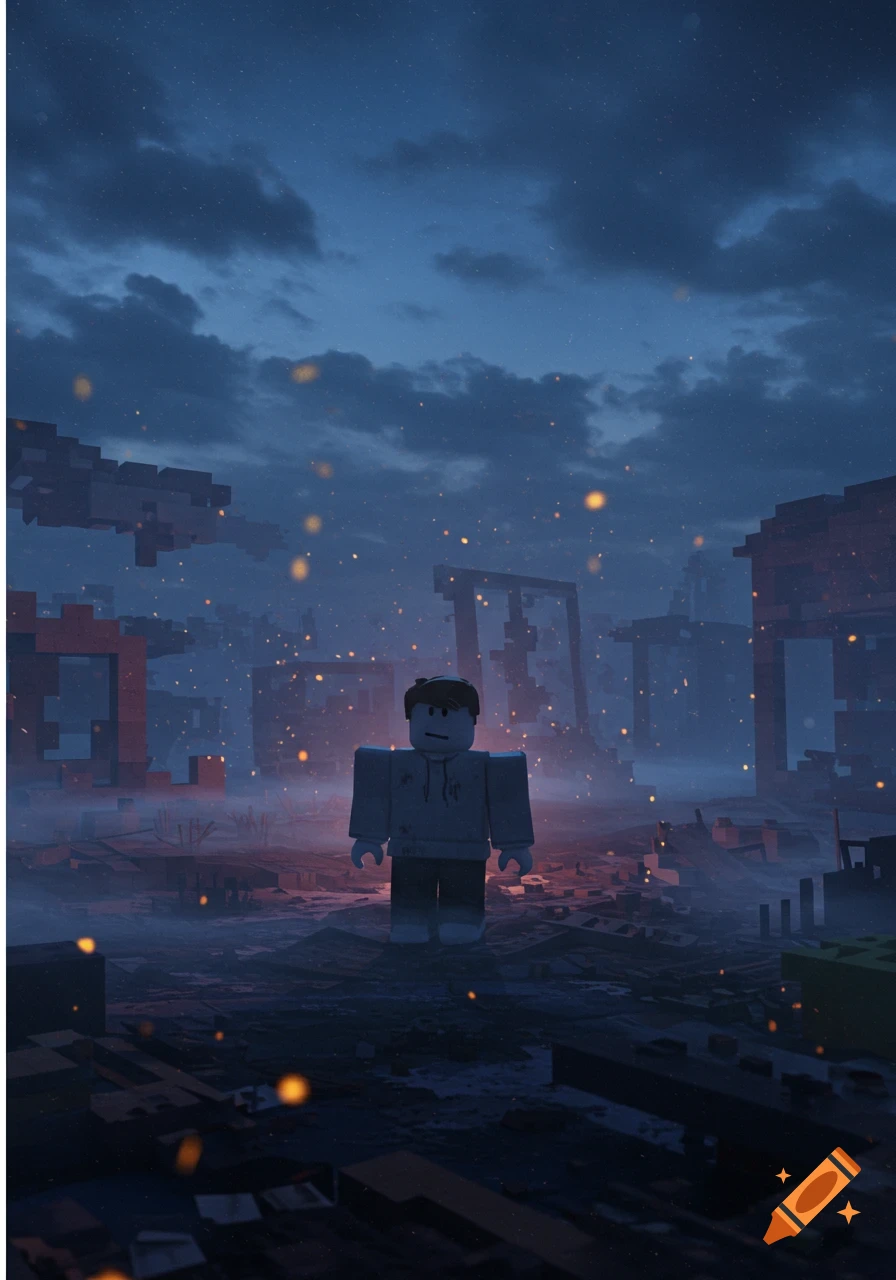 A blocky Roblox character stands in a misty, ruined, post-apocalyptic landscape with pixelated structures and orange embers.