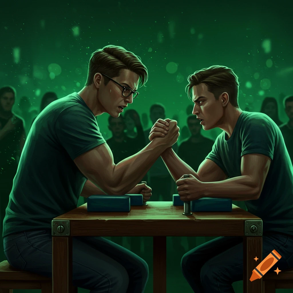 Two men intensely arm wrestling at a table in a green-lit room, with a blurry crowd in the background, digital art style.