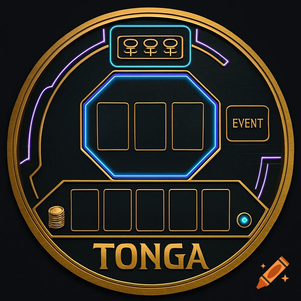 A top-down 2D sci-fi gameboard sprite for a card game called Tonga, featuring a circular gold and black design with glowing blue and purple neon accents, card slots, coin stack, and 'EVENT' text.