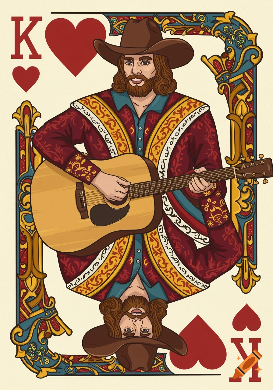 An illustration of a King of Hearts playing card featuring a bearded country singer with a guitar.