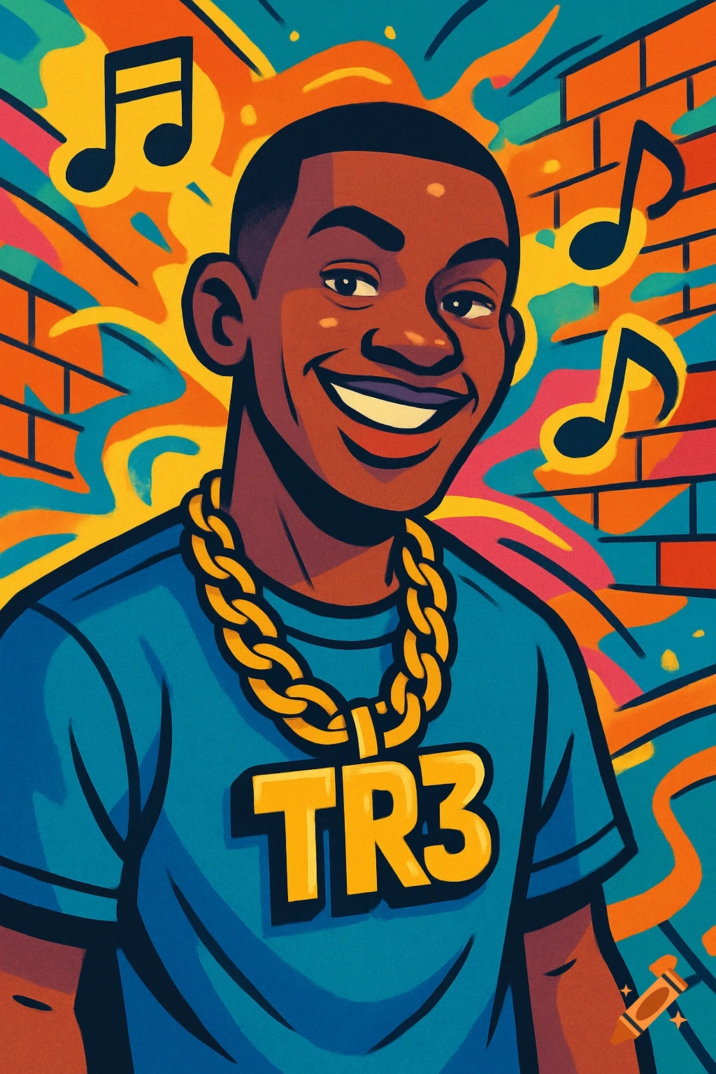 Cartoon portrait of a smiling Black man wearing a gold chain with 'TR3' and surrounded by musical notes and colorful graffiti.
