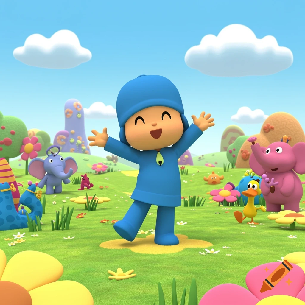 Pocoyo, a character in a blue suit, stands happily with arms outstretched in a colorful cartoon field with his friends Elly the elephant and Pato the duck.