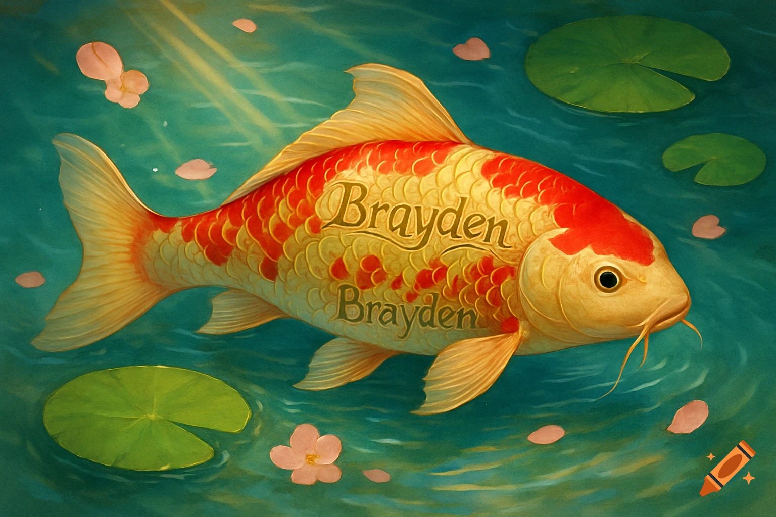 A vibrant gold and red koi fish with the name "Brayden" on its scales swims in teal water surrounded by lily pads and pink petals.