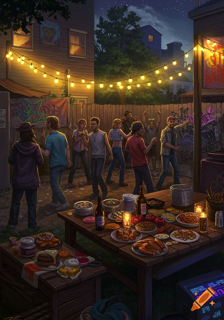 An outdoor backyard party at night with string lights, several people mingling, and two long tables laden with food and drinks. Graffiti covers fences and banners in the background.