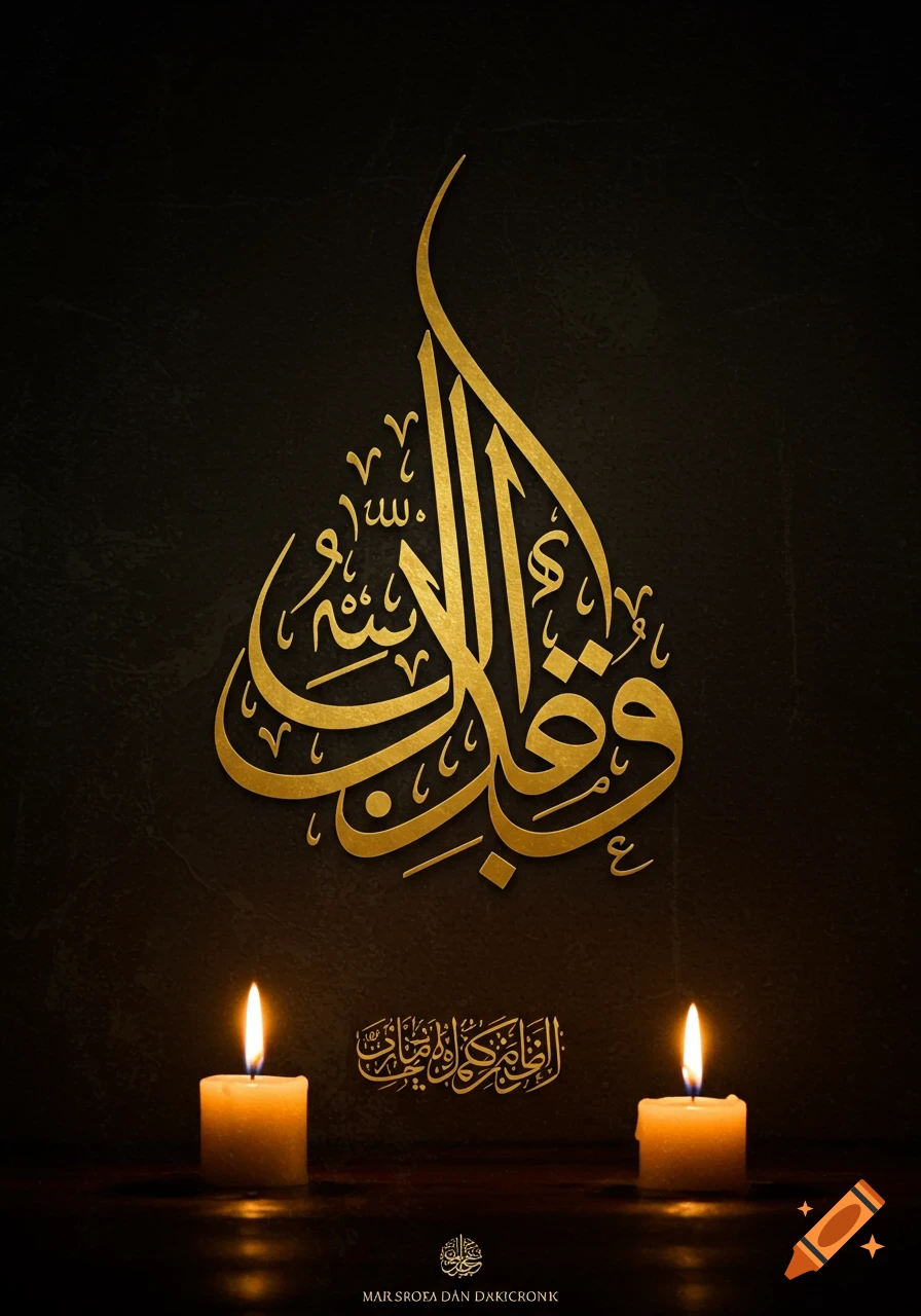 Golden Arabic calligraphy is elegantly displayed on a dark, textured background, flanked by two lit candles. A smaller line of calligraphy is centered below the main text, with a faint signature at the bottom.
