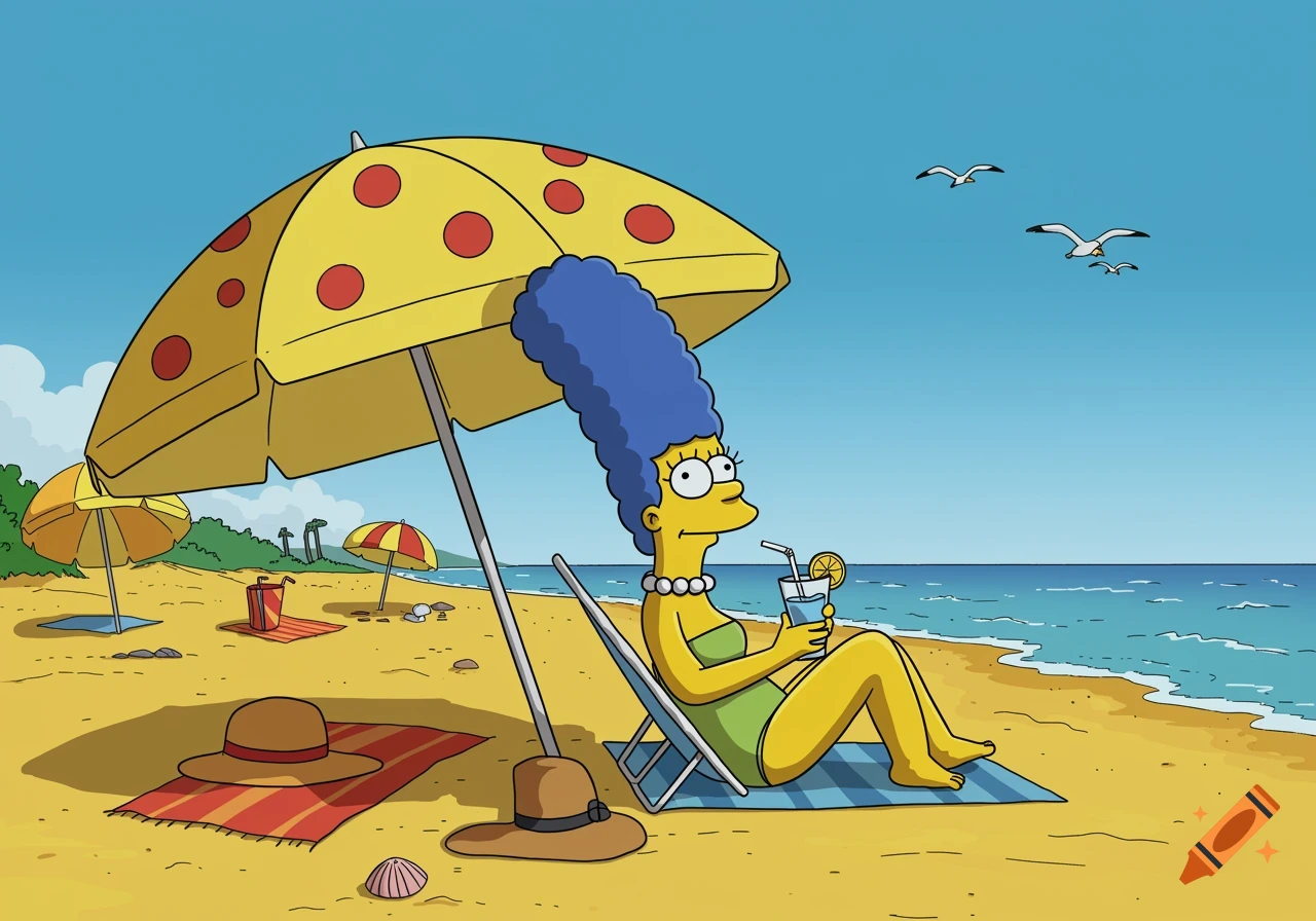 Cartoon Marge Simpson relaxing on a beach chair under a yellow umbrella, drinking a beverage.