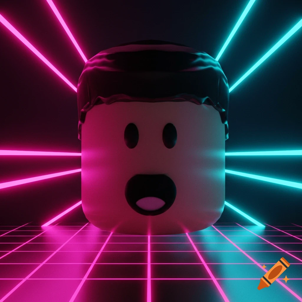 A 3D rendered Roblox noob face with a surprised expression, set against a dark background with radiating pink and blue neon lights and a grid pattern.