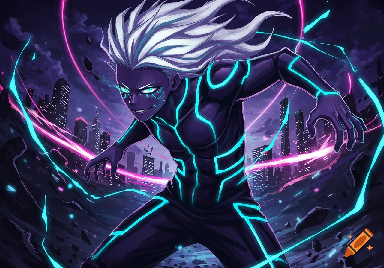 An anime character with white hair, purple skin, and glowing blue-green eyes wearing a suit with neon blue lines, crouching amidst swirling energy in a dark city.