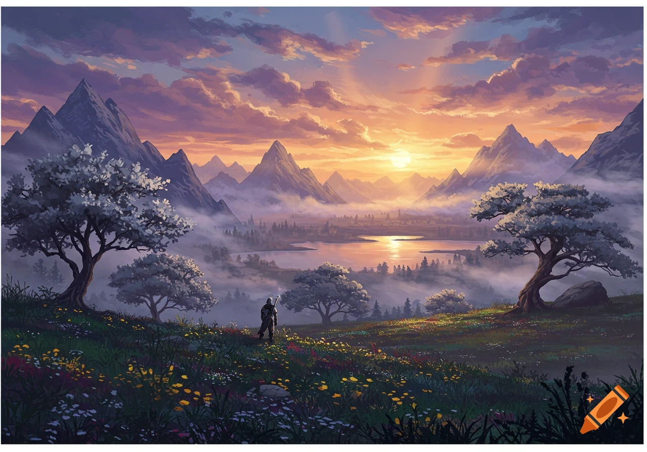 A lone figure stands on a grassy hill overlooking a vast fantasy landscape with mountains, a lake, and trees at sunset, in an anime art style.