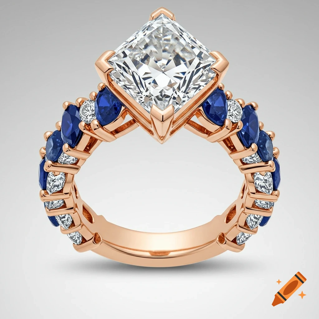 A close-up of a rose gold ring featuring a large square-cut diamond centerpiece and alternating blue sapphires and small diamonds on the band.