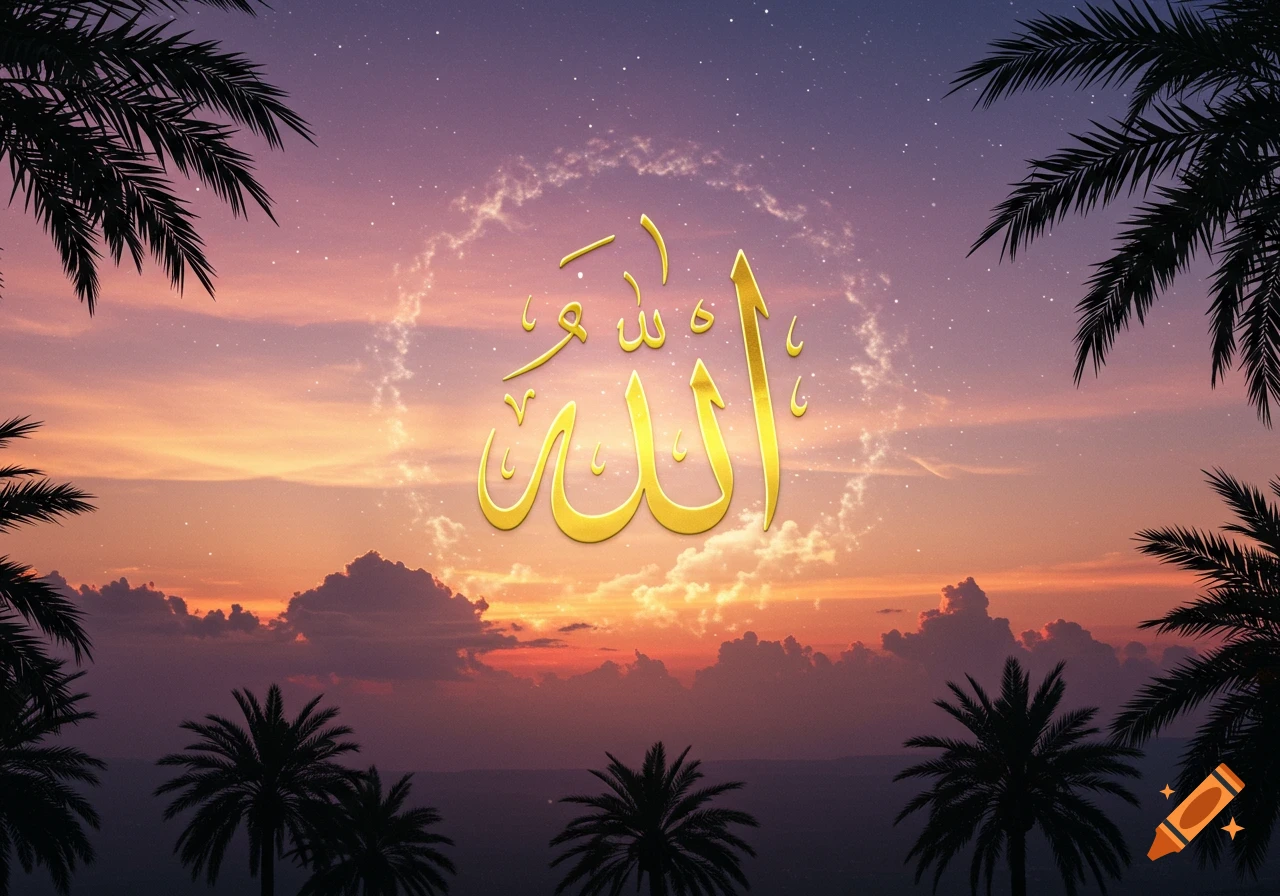 Golden Arabic calligraphy of 'Allah' against a beautiful sunset sky with palm tree silhouettes.