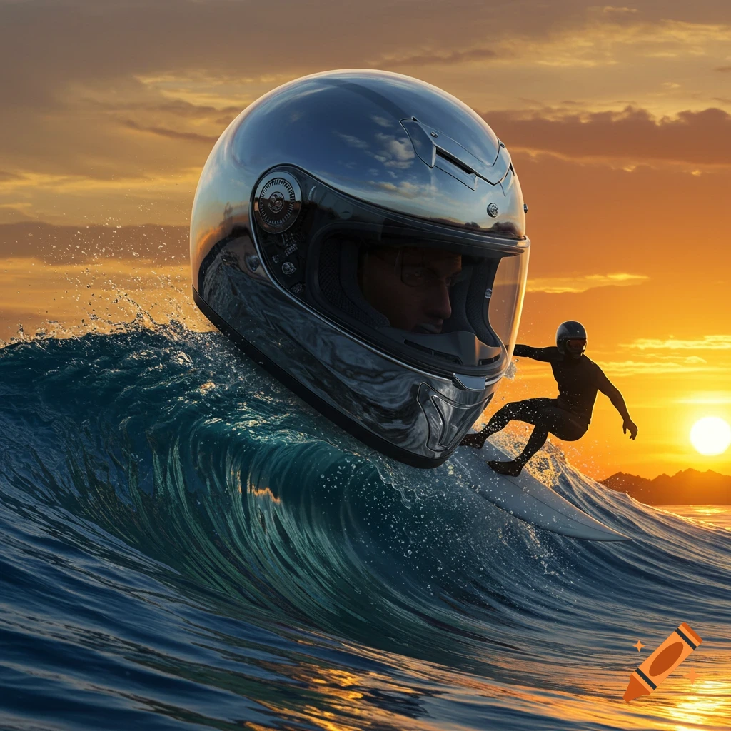A giant, reflective motorcycle helmet emerges from a large ocean wave at sunset, with a small surfer riding a board nearby. Photorealistic.