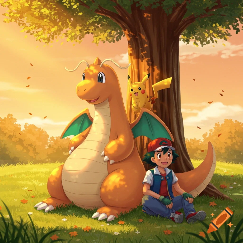 Dragonite, Ash Ketchum, and Pikachu sitting together under a tree during a sunrise, illustrated in anime style.