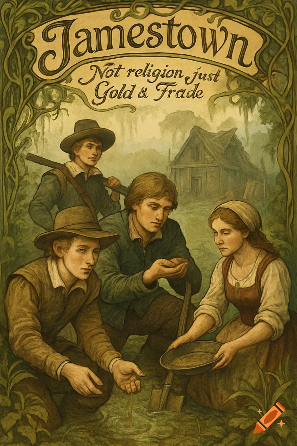 An art nouveau illustration of four settlers, three men and one woman, prospecting for gold in a swampy Jamestown. Text reads 'Jamestown Not religion, just Gold & Trade'.