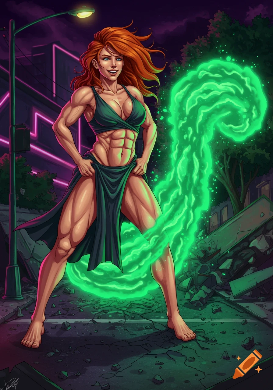 A muscular woman with red hair and a green dress emits green energy while standing barefoot on a destroyed street at night, in a comic art style.