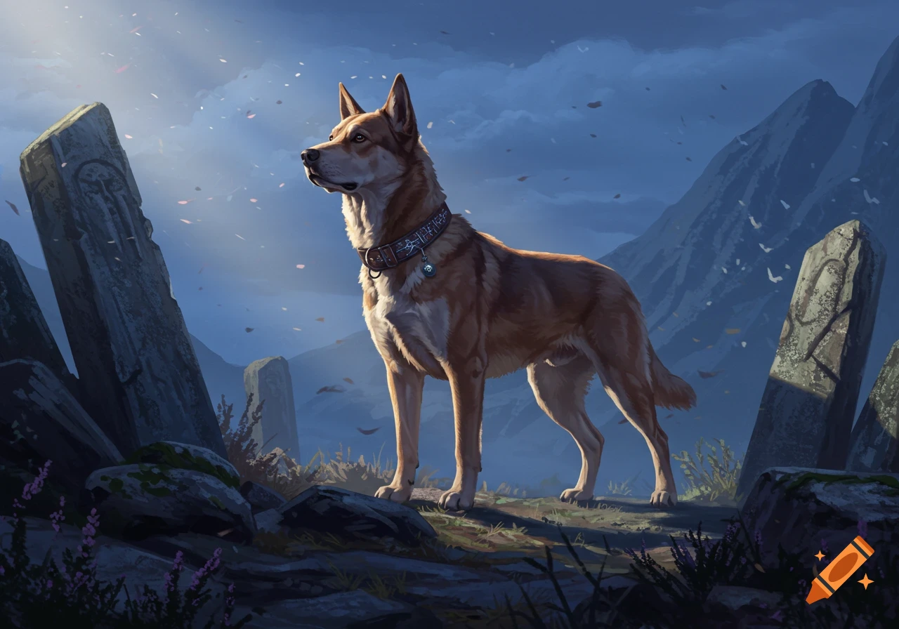 A proud brown and white dog stands among ancient carved stones under a mystical blue sky with falling leaves. Illustrated.