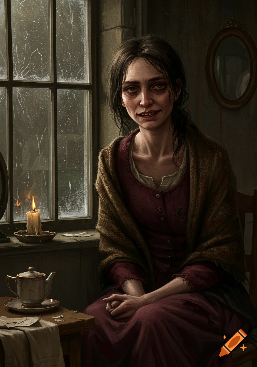 An impressionist-style portrait of a weary 19th-century woman in a red dress and shawl, sitting by a cracked window with a candle.