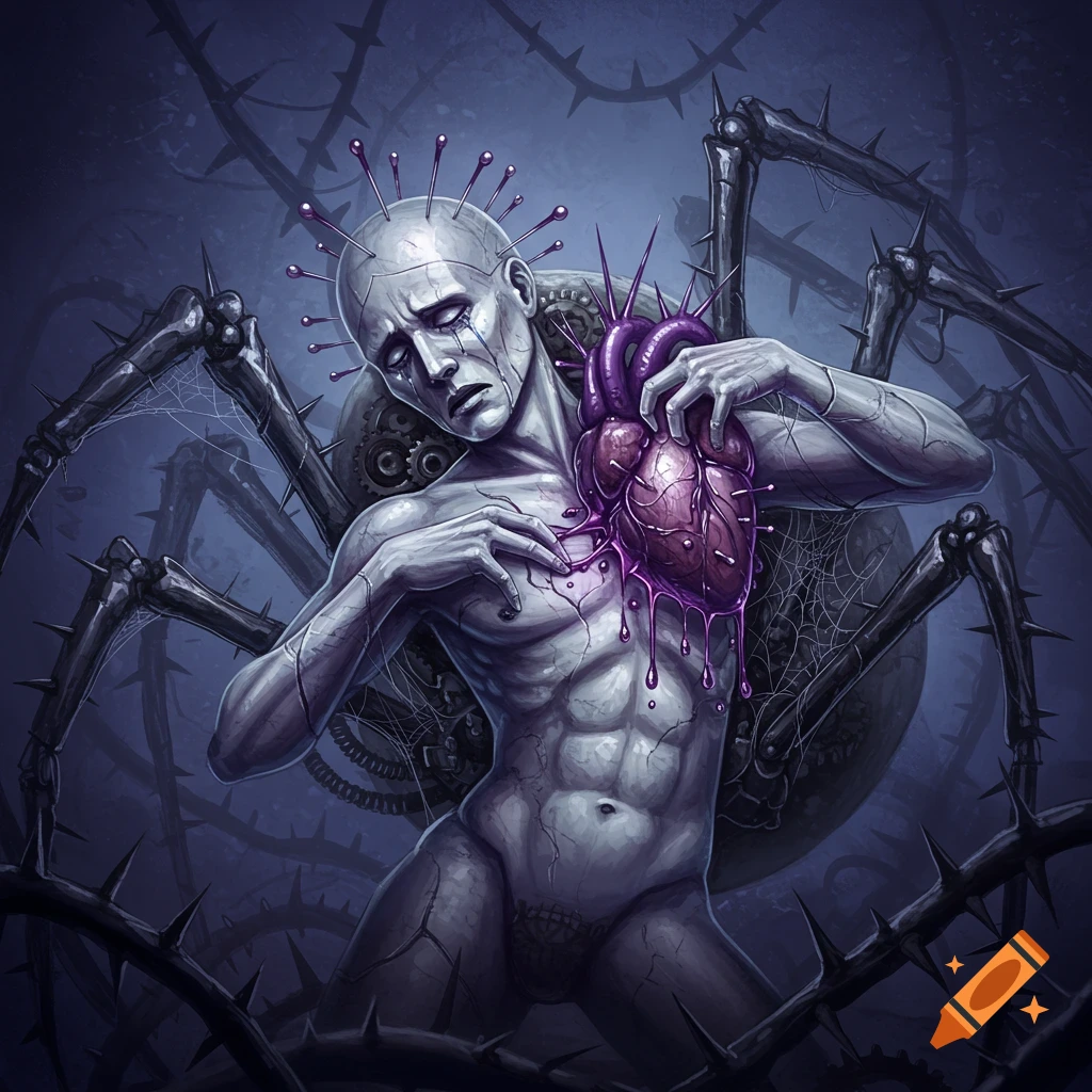 A gaunt, crying figure with pins in its head holds a dripping, thorny purple heart, amidst spider legs and thorns in a dark, surreal style.