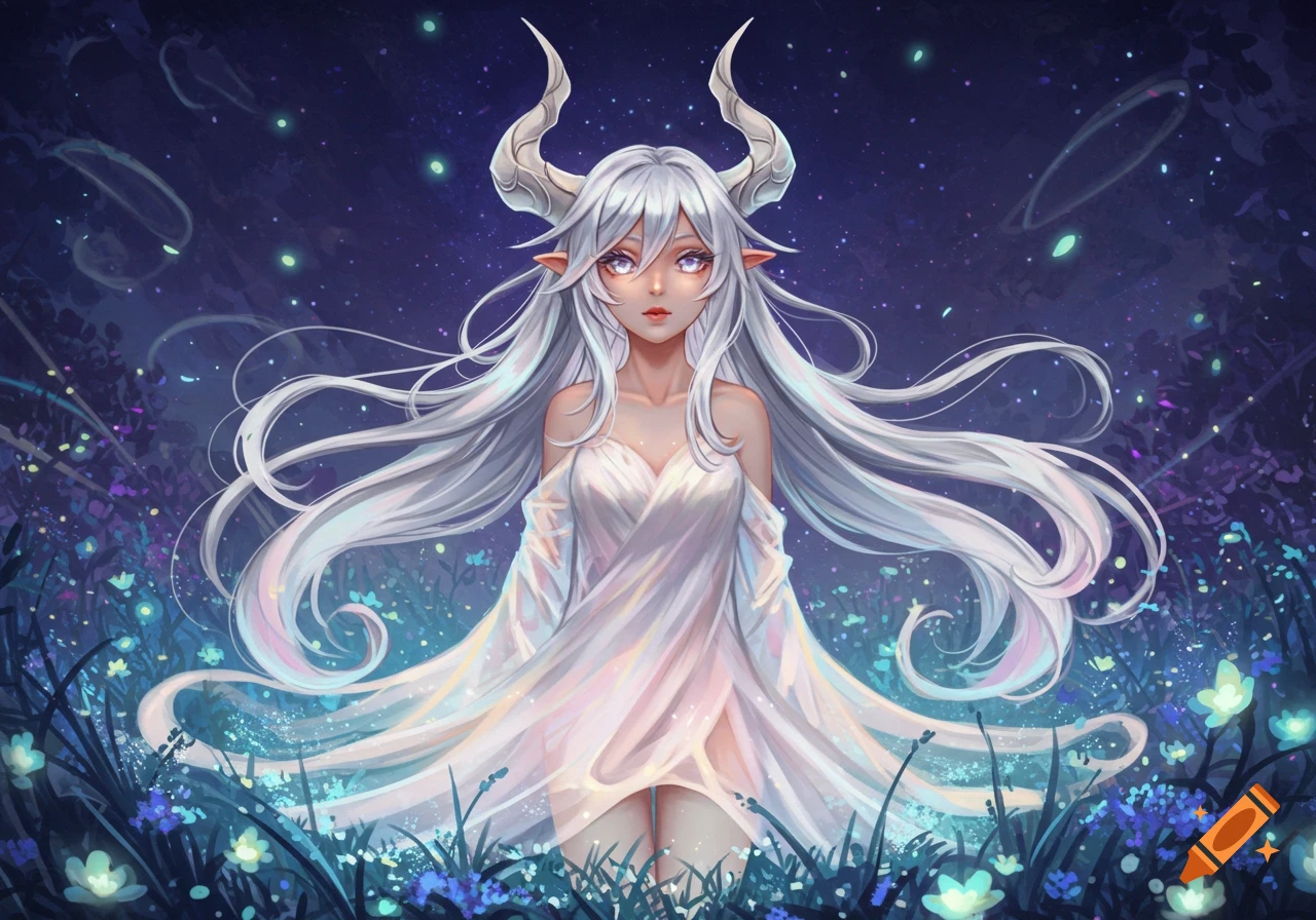 Anime girl with long white hair, horns, and a white flowing dress stands in a field of glowing flowers under a starry night.